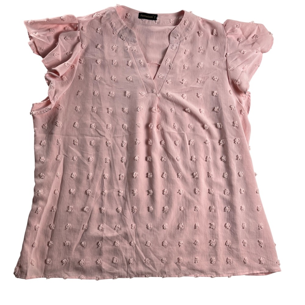 Fantaslook Pink Swiss Dot Flutter Sleeve V-Neck Blouse‎ XXL Relaxed Fit Top